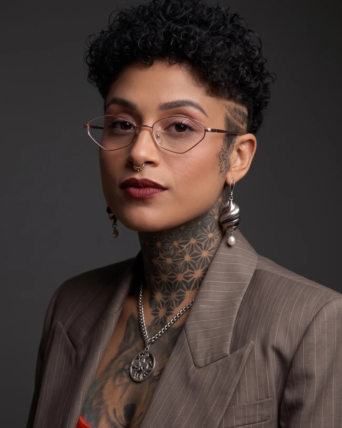 Geovana Cruz em retrato de três quartos, de terno risca de giz