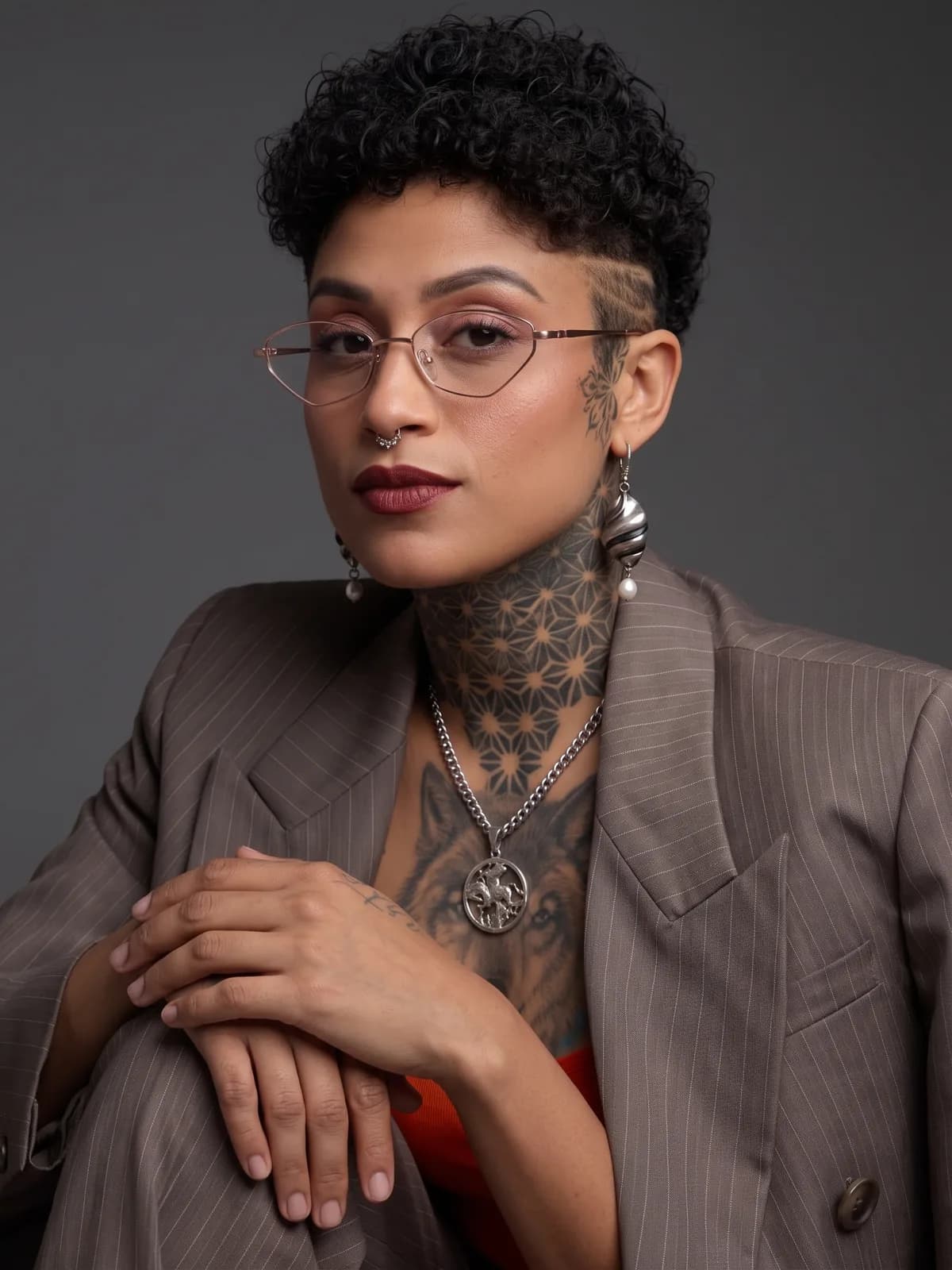 Geovana Cruz sentada, mão sobre o braço, olhando para a câmera